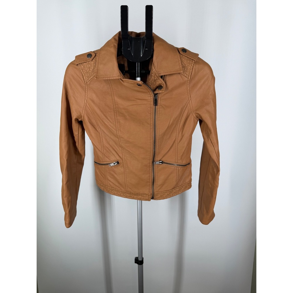 Coffeeshop Womens Faux Leather Moto Jacket Cognac Brown S